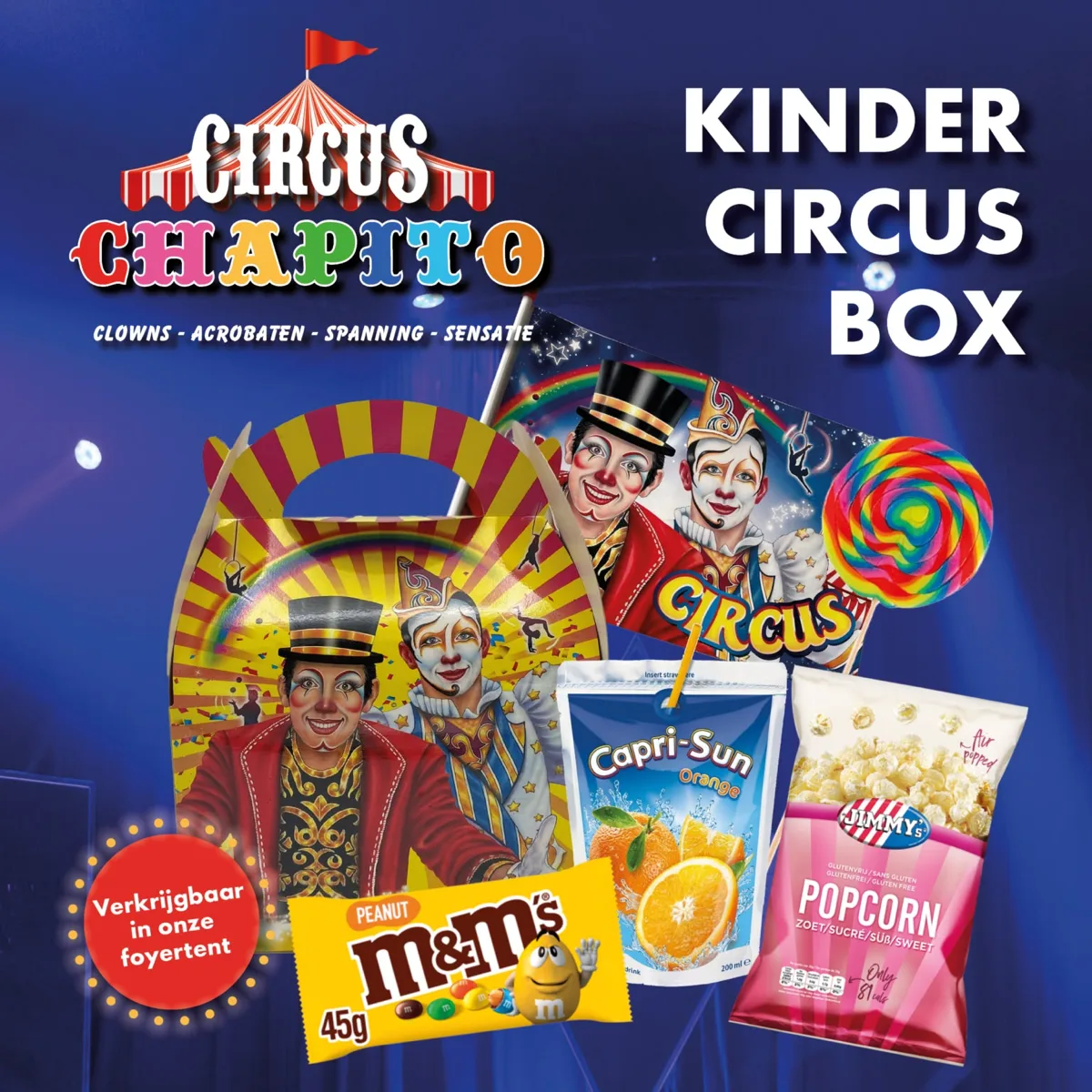 De Kinder Circus Box met lolly, popcorn, M&M's en een pakje Capri-Sun